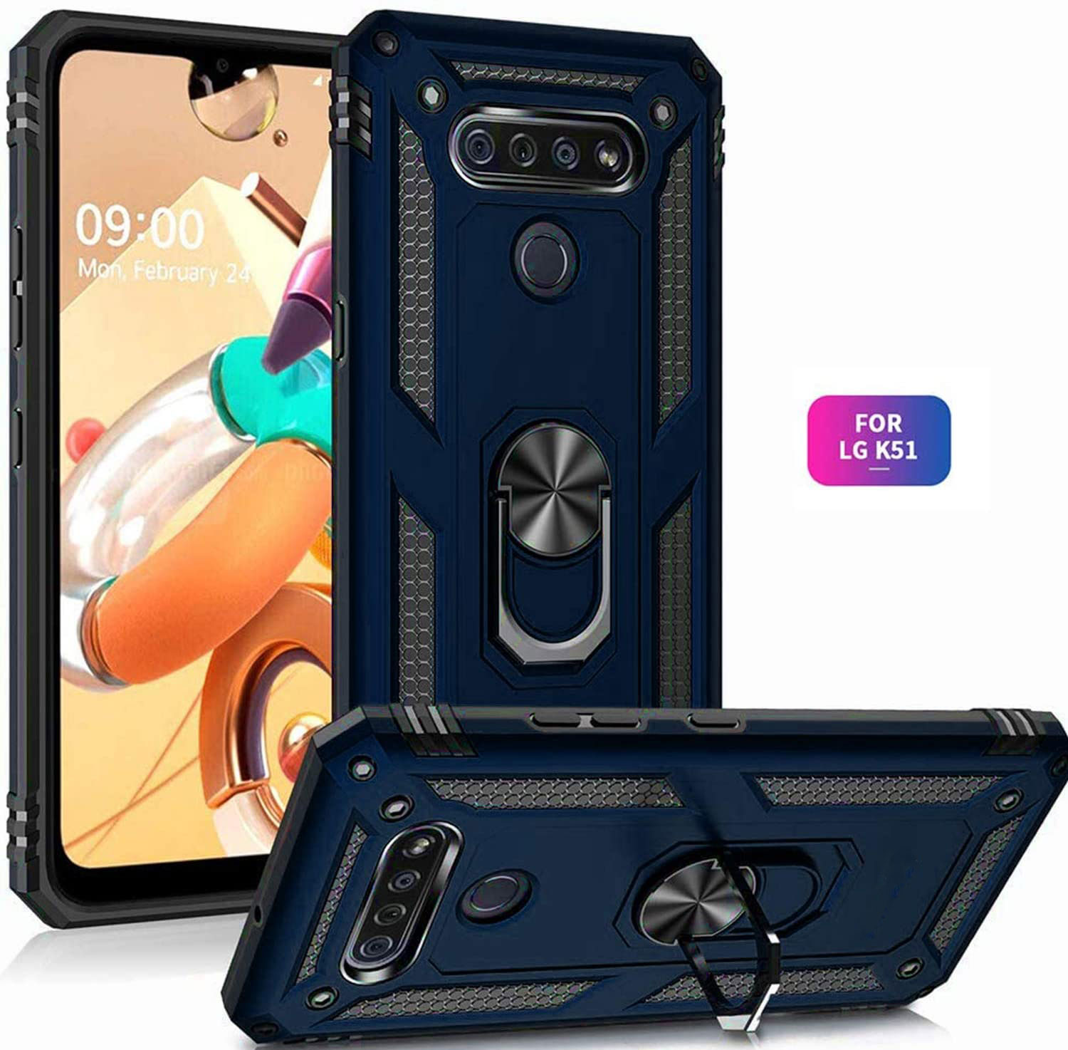 LG K51 / Q51 Tech Armor RING Grip Case with Metal Plate (Navy Blue)